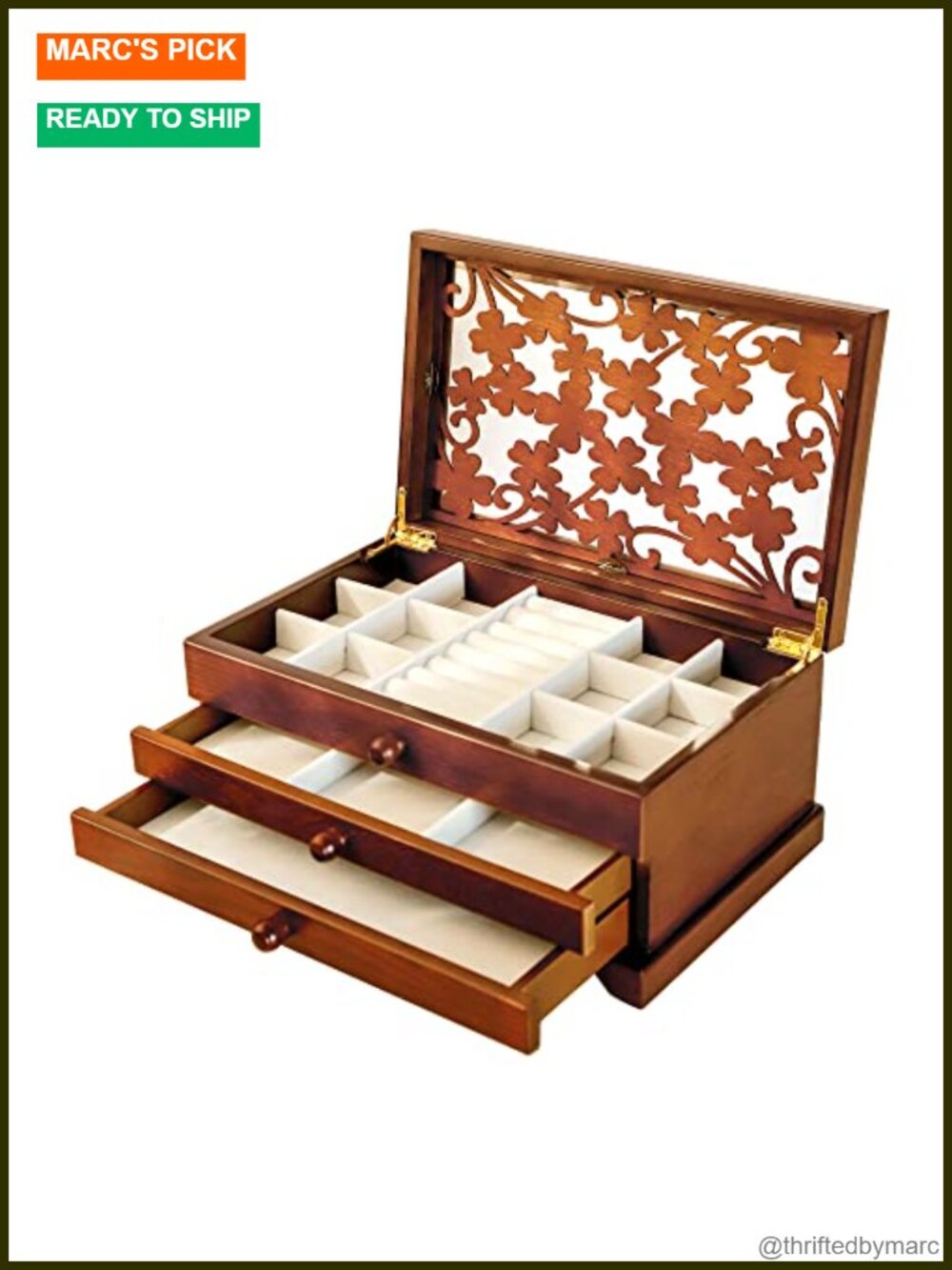 Wooden Jewelry Box 3 Layer Organizer 12 Compartments Velvet Lined Storage Case